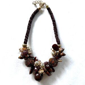 Chunky Statement 20" Necklace With Brown Beads & Gold Accents